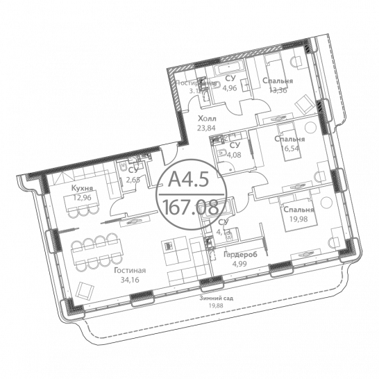 Трёхкомнатная квартира 170.7 м²